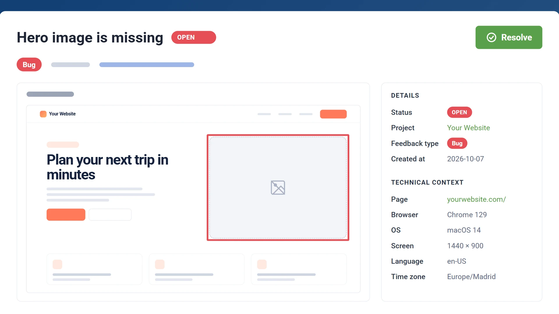Feedback report showing browser, OS and screen resolution